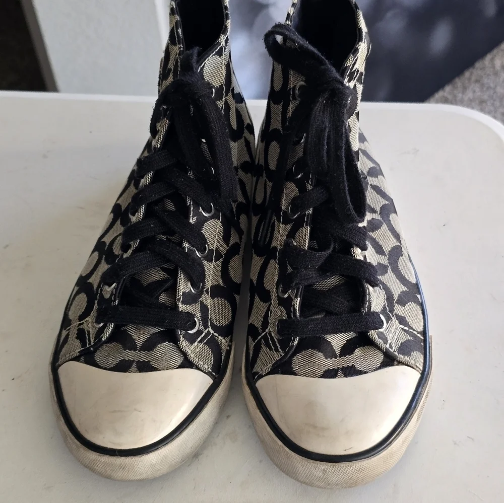 Coach Cardinal High Top Sneakers Women Sz 8B Black White Signature Logo … - Picture 9 of 16